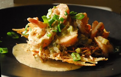 Shrimp in a Mustard Sauce over Crispy Potato Cakes