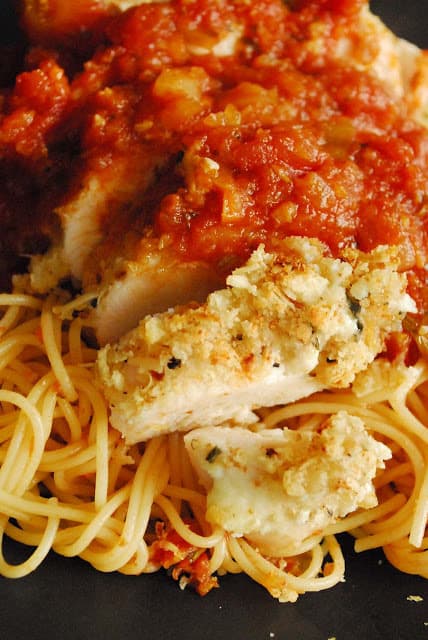 Ricotta Parmesan Chicken over Spaghetti