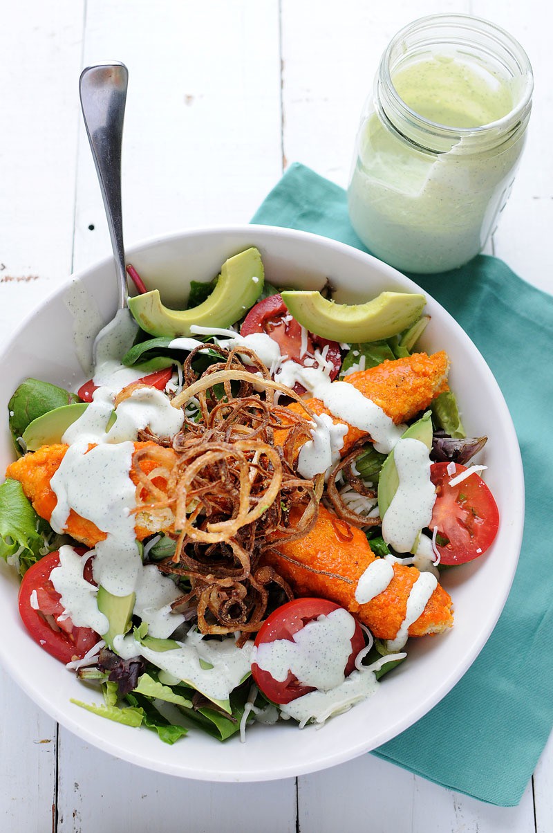 Buffalo Salad with Shoestring Fried Onions