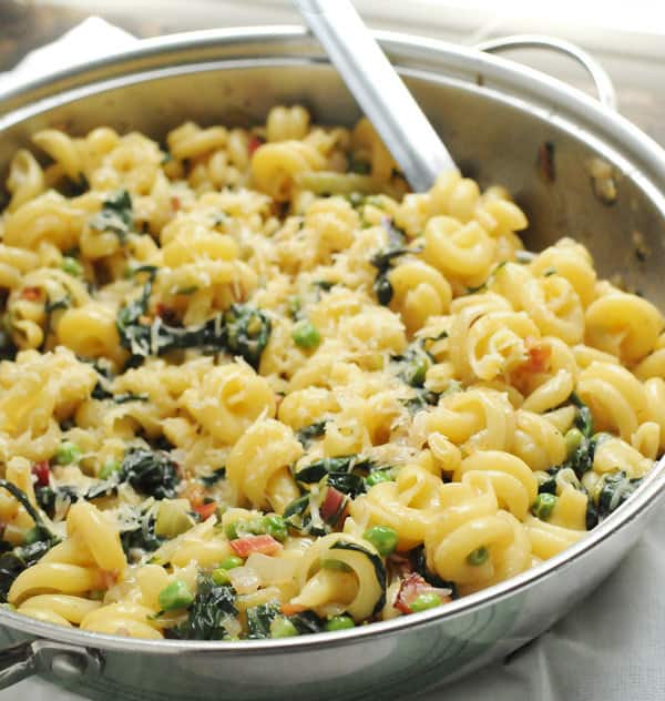 Spring Parmesan Pasta with Peas and Swiss Chard