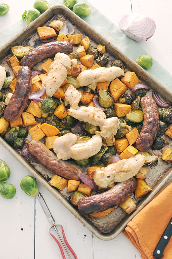 Autumn Chicken and Sausage Sheet Pan Dinner with brussel sprouts and sweet potatoes