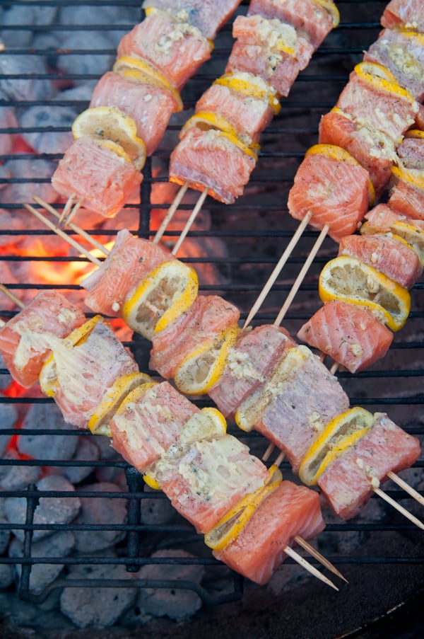 Grilled Lemon Garlic Butter Salmon Kebabs