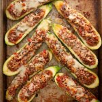 Low Carb Bratwurst and Provolone Stuffed Zucchini Boats