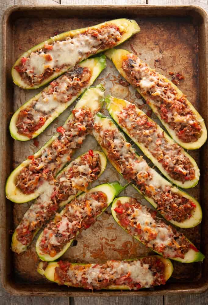 Low Carb Bratwurst and Provolone Stuffed Zucchini Boats