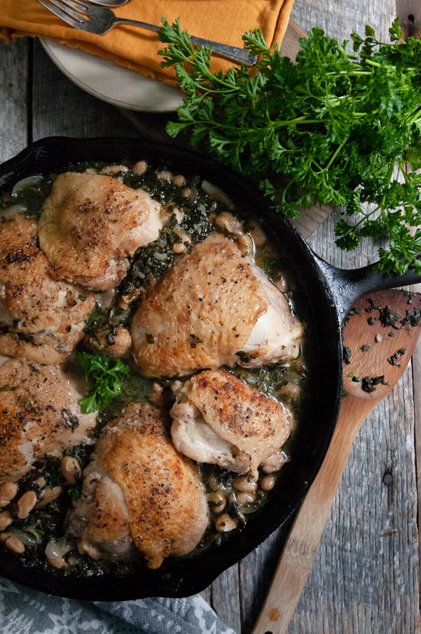Braised Chicken Thighs with Spinach and White Beans