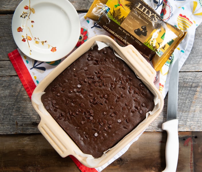 The Best Chocolate Chip Keto Brownies in a square pan